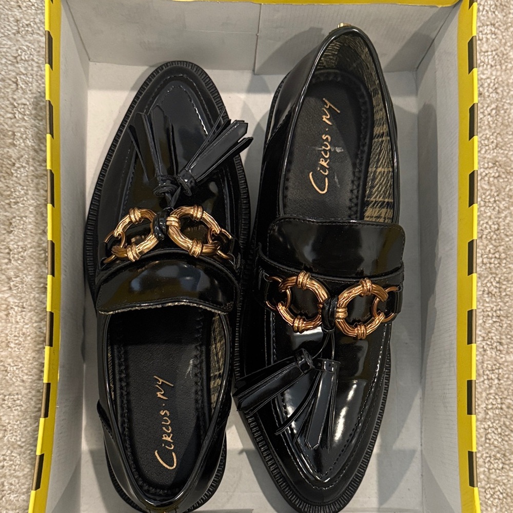 Circus by Sam Edelman Black Patent Loafers with Bronze Detail